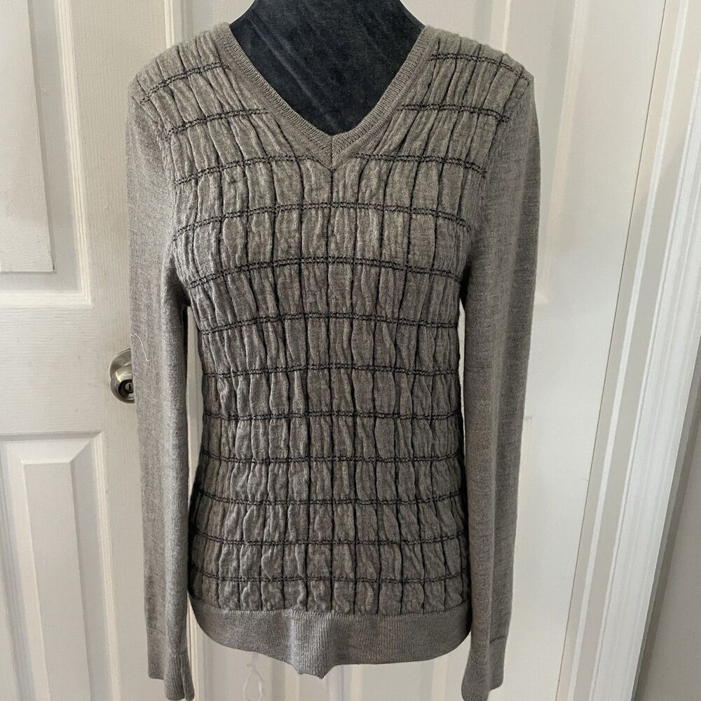 Gap Merino Wool  V-Neck  Sweater Textured Gray Blue Stripes Womens Size S